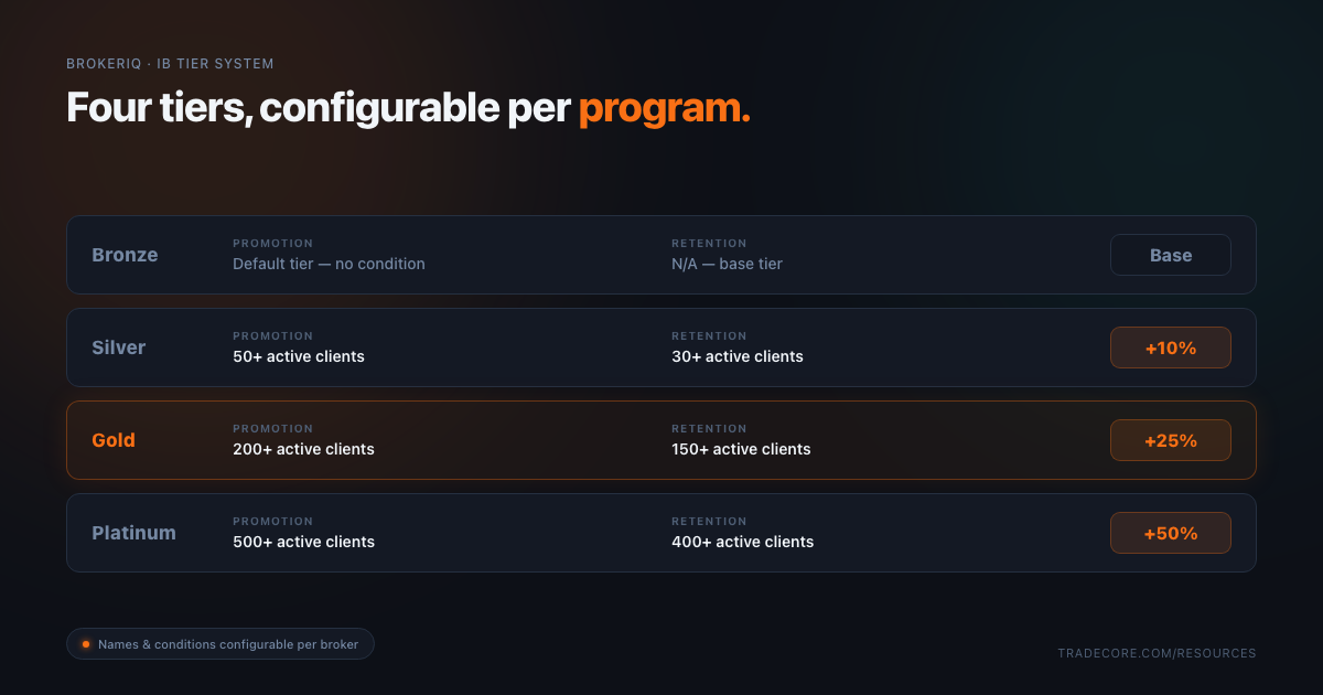 Bronze, Silver, Gold, Platinum tier ladder with promotion conditions, retention thresholds, and bonus rates.